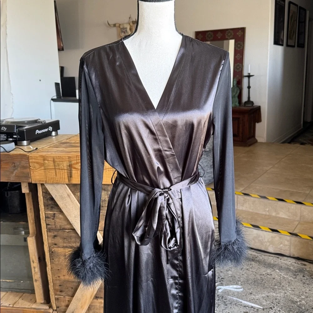 New Black Satin Robe with Ostrich Feather Cuffs Sheer Sleeves - Picture 2 of 6